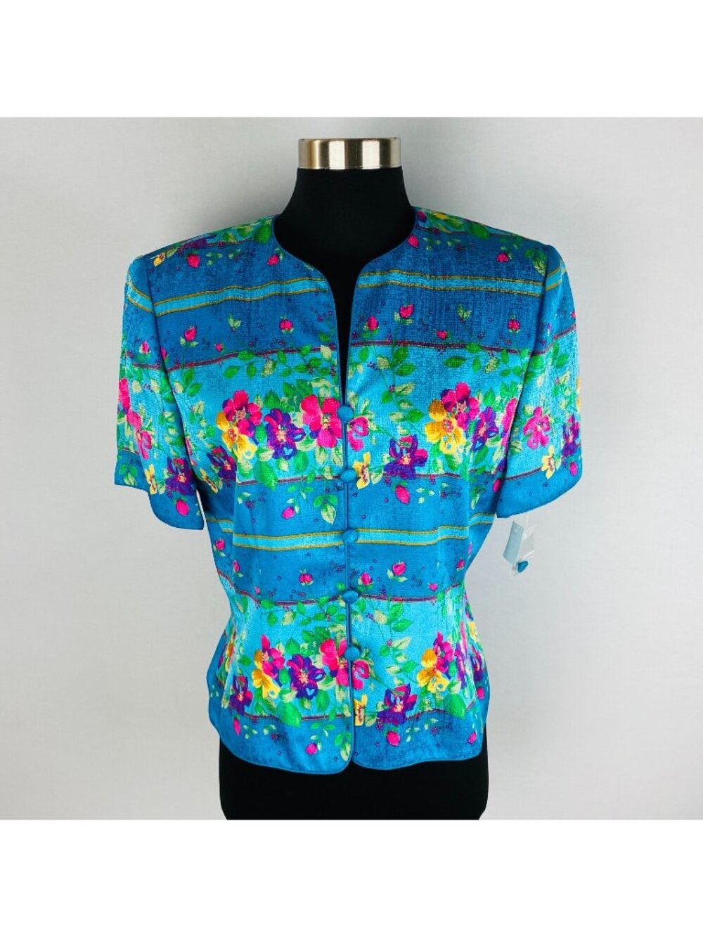 Adriana Papell Bold Colored Floral Stripe Button Down Collarless Women's Top 8